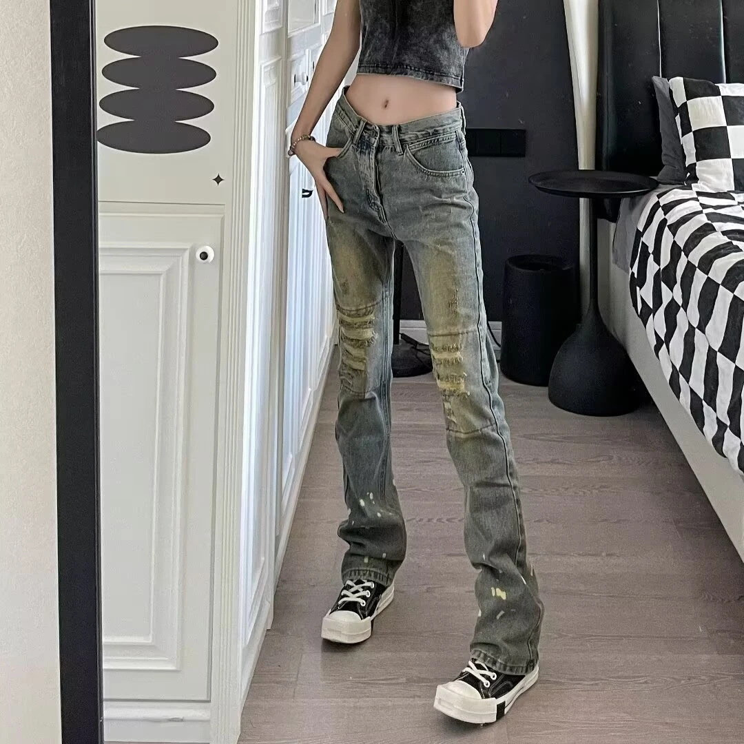 新款美式复古水洗做旧黄泥染破洞牛仔裤男街头修身显瘦泼墨喇叭裤