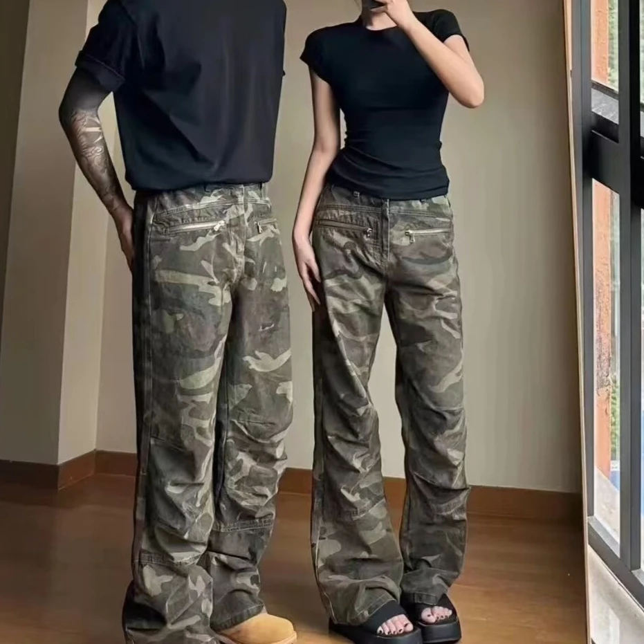 美式复古迷彩牛仔裤男女春款潮牌痞帅炸街裤子直筒休闲工装长裤