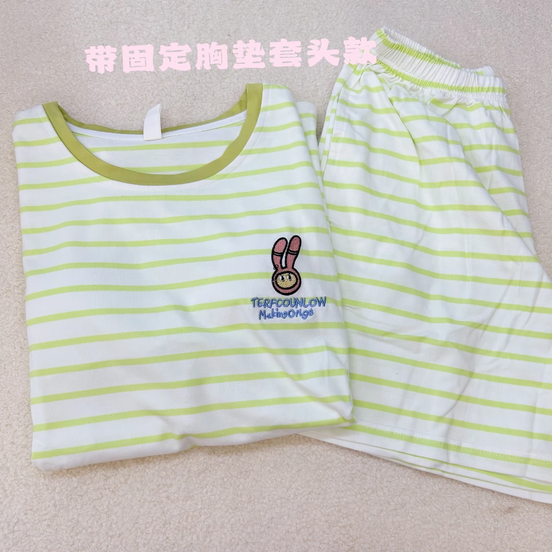 纯棉夏季条纹短袖短裤睡衣女家居服套装