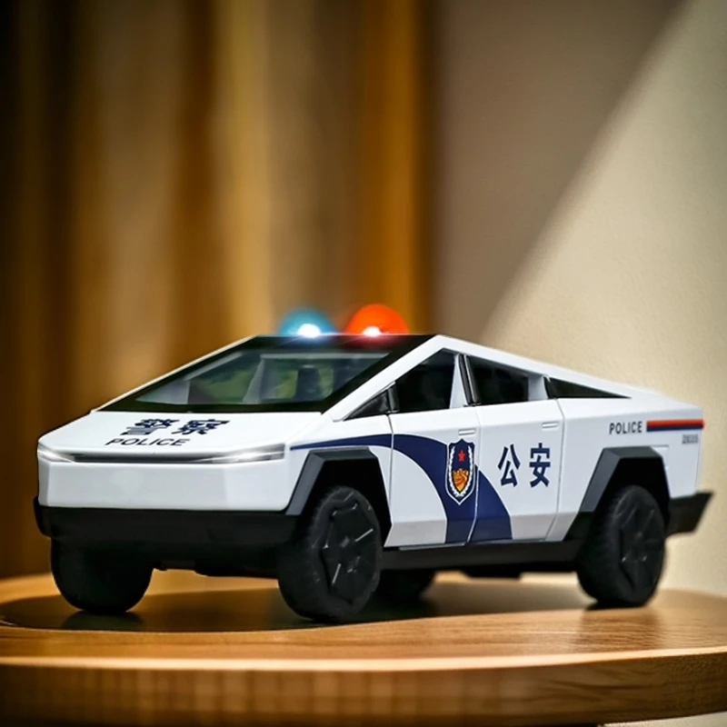 1:32特斯拉警车玩具仿真合金模型车回力声光玩具汽车玄关车模摆件