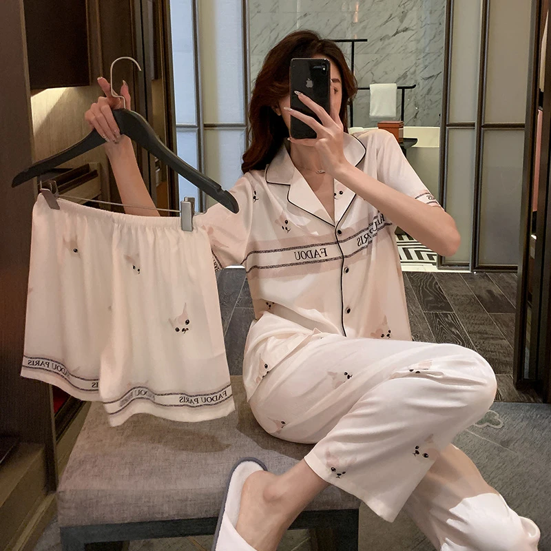 三件套小奶狗印花睡衣女夏款冰丝短袖女士时尚薄款春秋家居服韩版