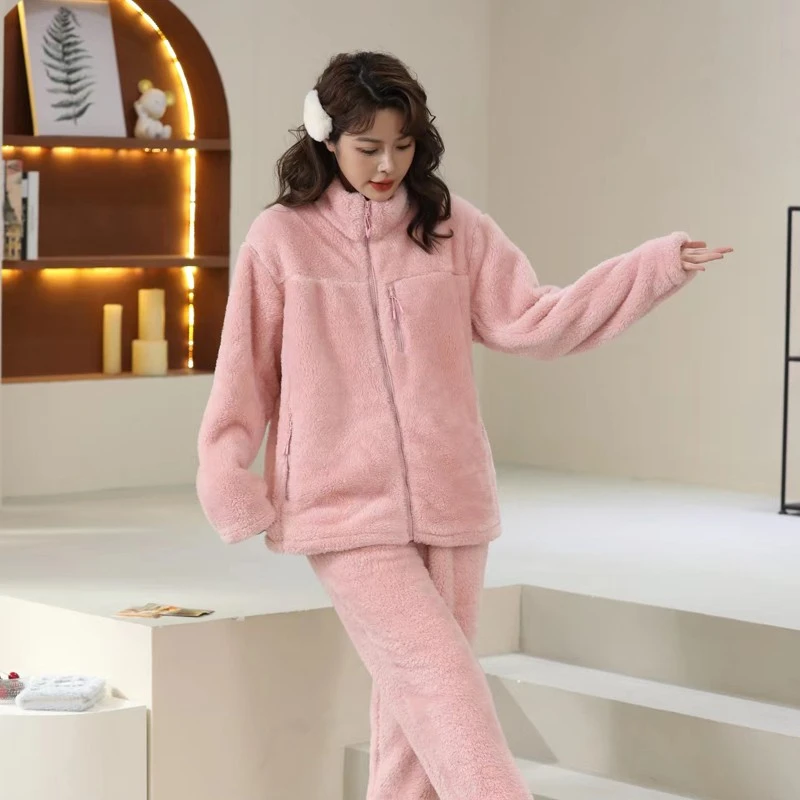 简约休闲秋冬季加厚珊瑚绒睡衣女士拉链家居服套装