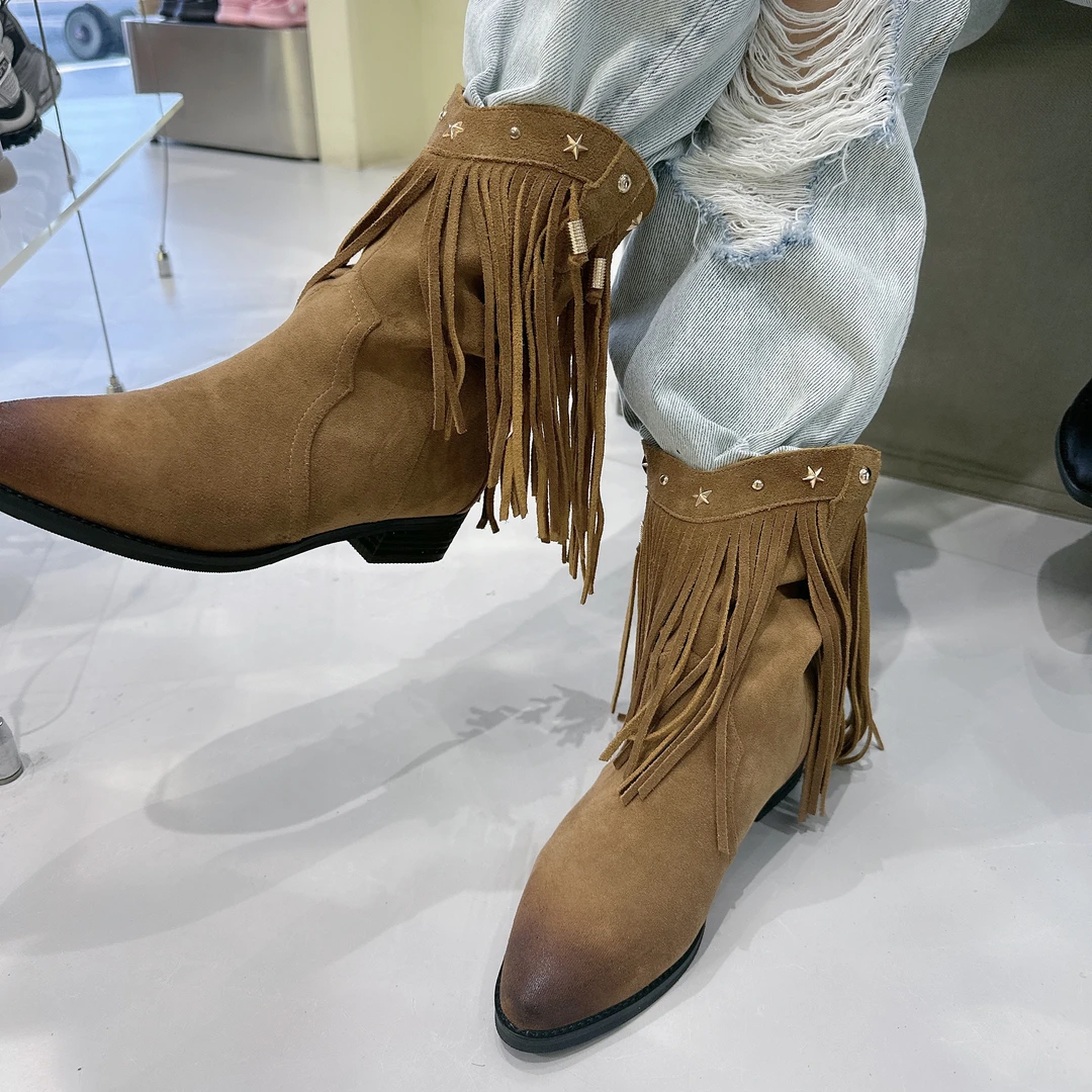 秋款靴2024秋新款复古尖头中筒靴薄款西部牛仔靴