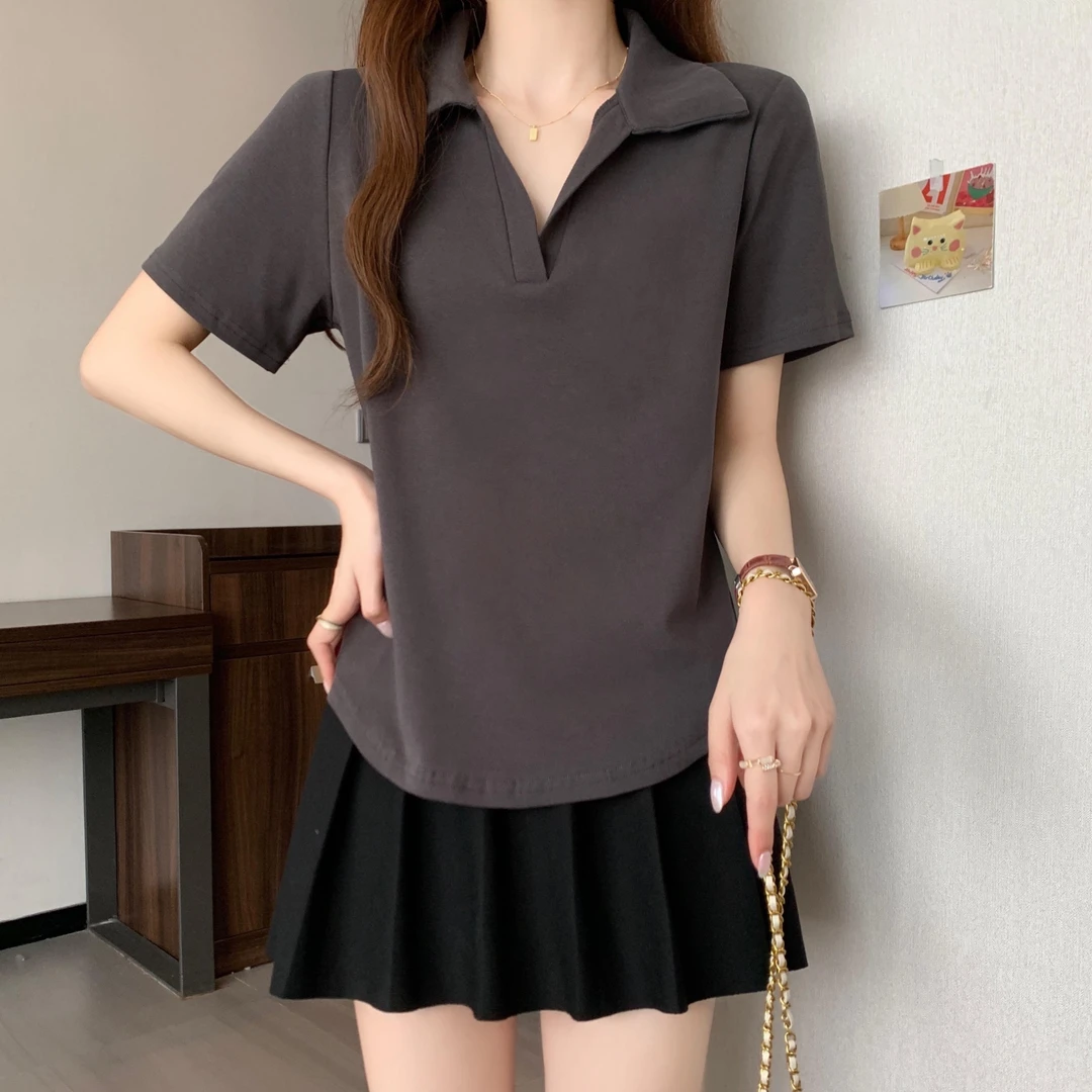 大码女装polo领短袖T恤夏季新款微胖妹妹遮肚宽松显瘦设计感上衣