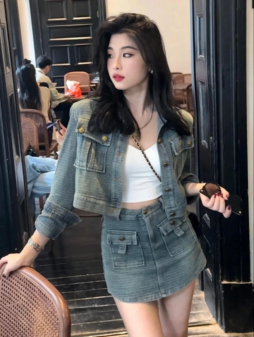 复古提花纹牛仔套装女新款炸街做旧外套高腰防走光半身裙裤两件套