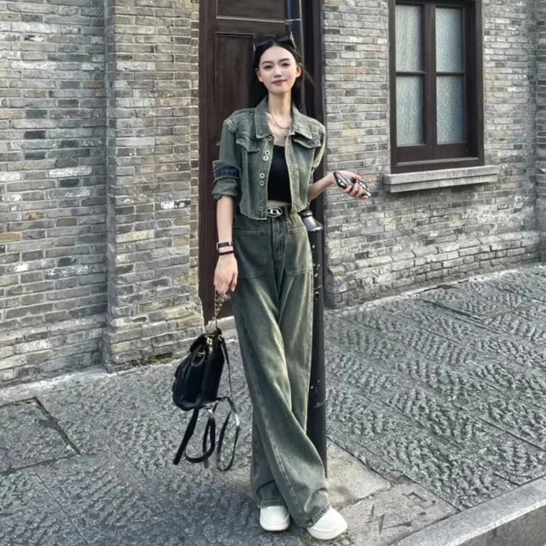 复古时尚新款短款牛仔套装小众外套上衣长裤两件套