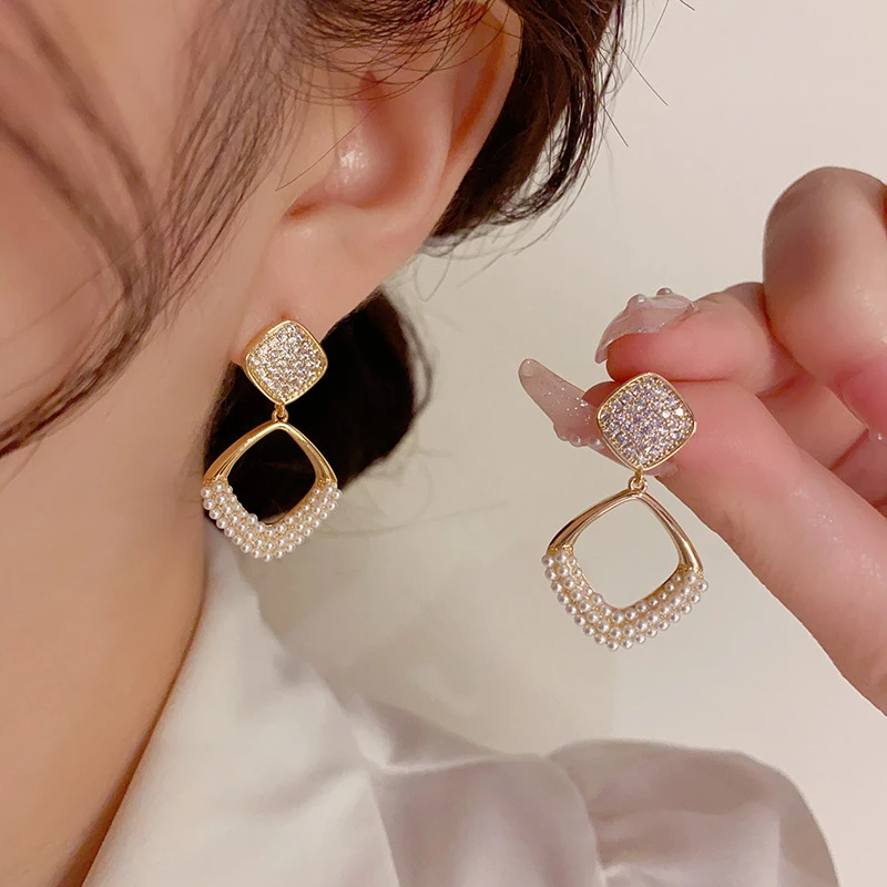 铜合金耳饰 s925银针名媛风时尚简约微镶几何小众菱形耳坠