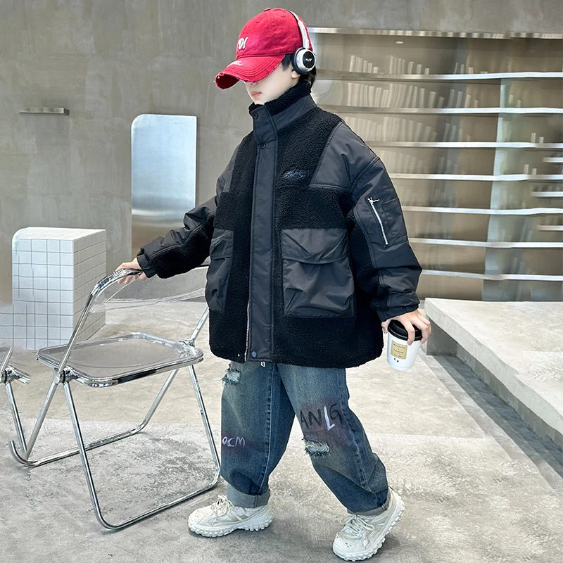 儿童春秋款加厚夹棉外套中大童男童倒春寒毛毛衣保暖洋气百塔