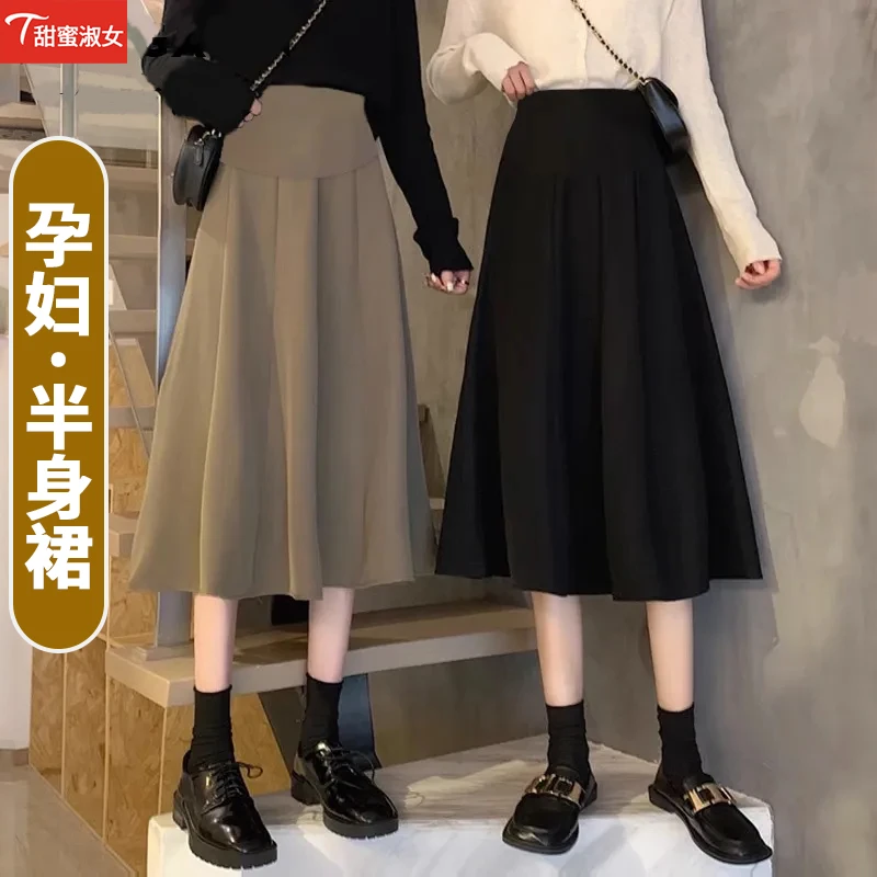 孕妇装半身裙2023新款秋冬外穿大码黑色A字版伞裙中长款淑女半裙