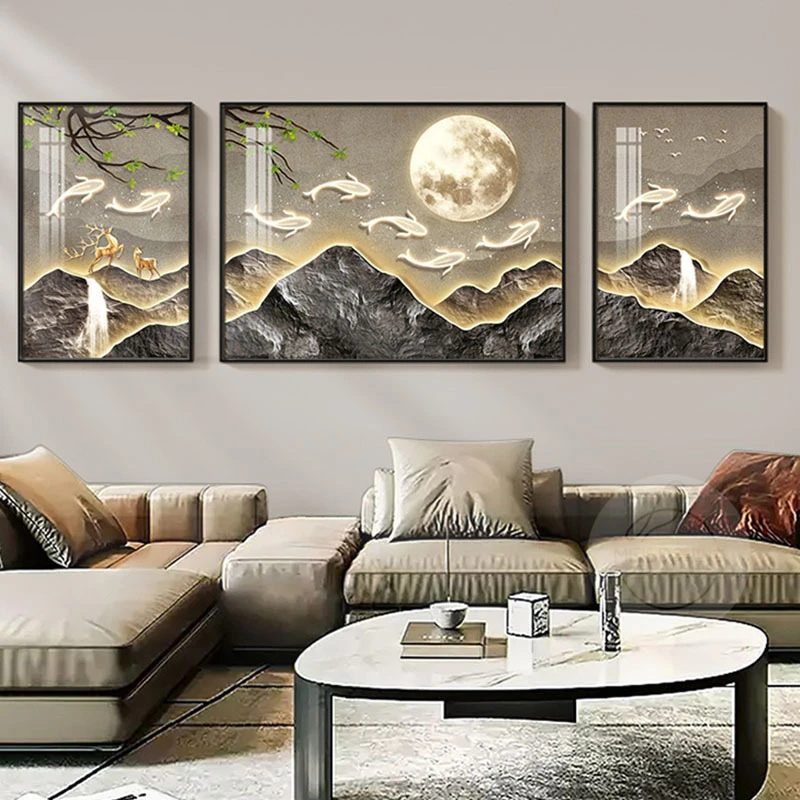 九鱼聚财  客厅装饰画新中式沙发背景墙壁画大气三联画高档山水画