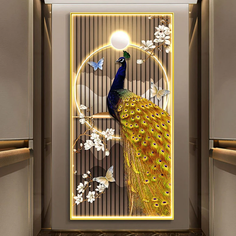 孔雀新中式玄关挂画正对门走廊尽头寓意好装饰画发光高档入户壁画