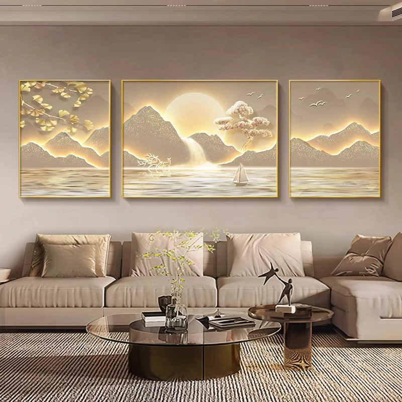 轻奢客厅装饰画背靠金山沙发背景墙挂画中式大气高级感山水三联画