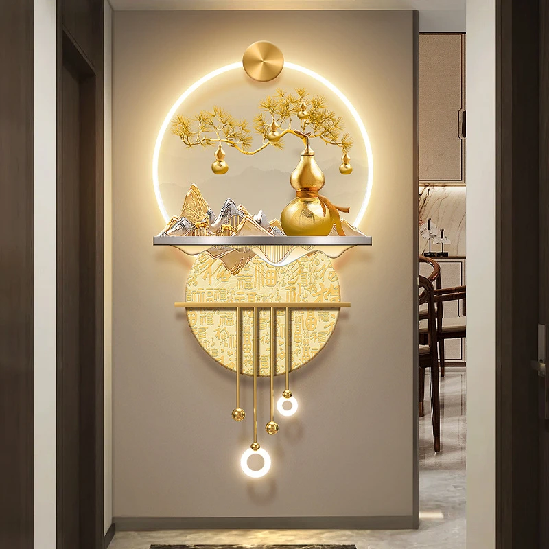 新中式葫芦玄关装饰画百福图走廊过道挂画山水入户门正对墙壁画灯