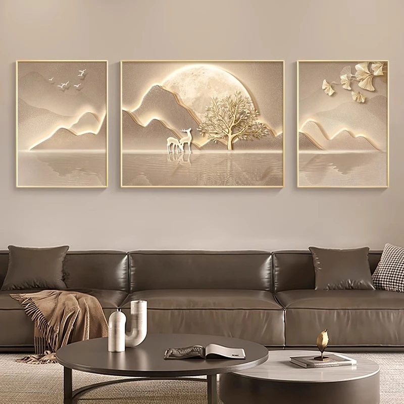 现代轻奢客厅装饰画高级感发财树沙发背景墙挂画高档大气三联壁画