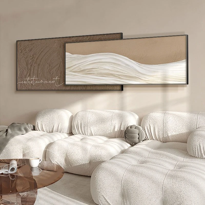 奶油侘寂风客厅装饰画高级感横幅抽象壁画现代简约沙发背景墙挂画