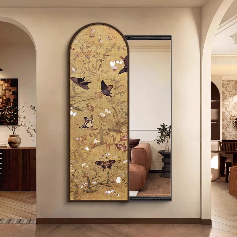 中古风玄关装饰画百蝶图隐藏式可推拉镜子全身穿衣镜挂画复古壁画