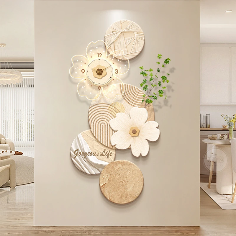 奶油风带钟表入户门玄关装饰画高级感立体砂岩挂画走廊过道壁灯画