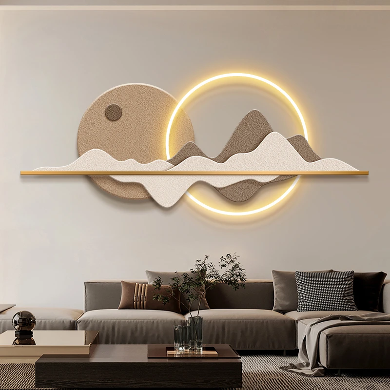 侘寂风客厅装饰画大气山水画高级感沙发背景墙挂画茶室壁画带灯画