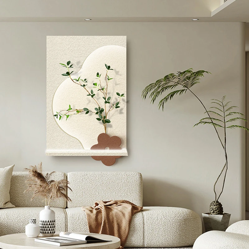 led立体砂岩2024新款植物奶油侘寂风玄关装饰画客厅餐厅挂画壁灯