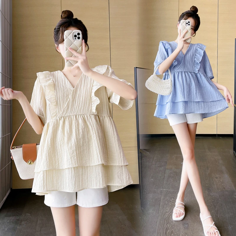 Y1184#（5.23-48H）新款2024孕妇韩版V领木耳边娃娃衫上衣孕妇宽松