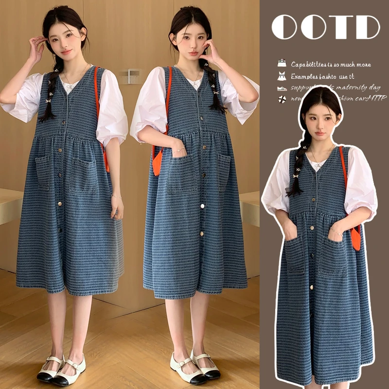 G319#7.7 2024夏季孕妇时尚灯笼袖纯棉上衣+洗水牛仔马甲裙套装