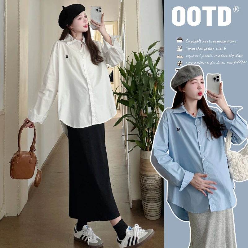 G547#8.10 简约百搭春秋绣花宽松气质孕妇长袖衬