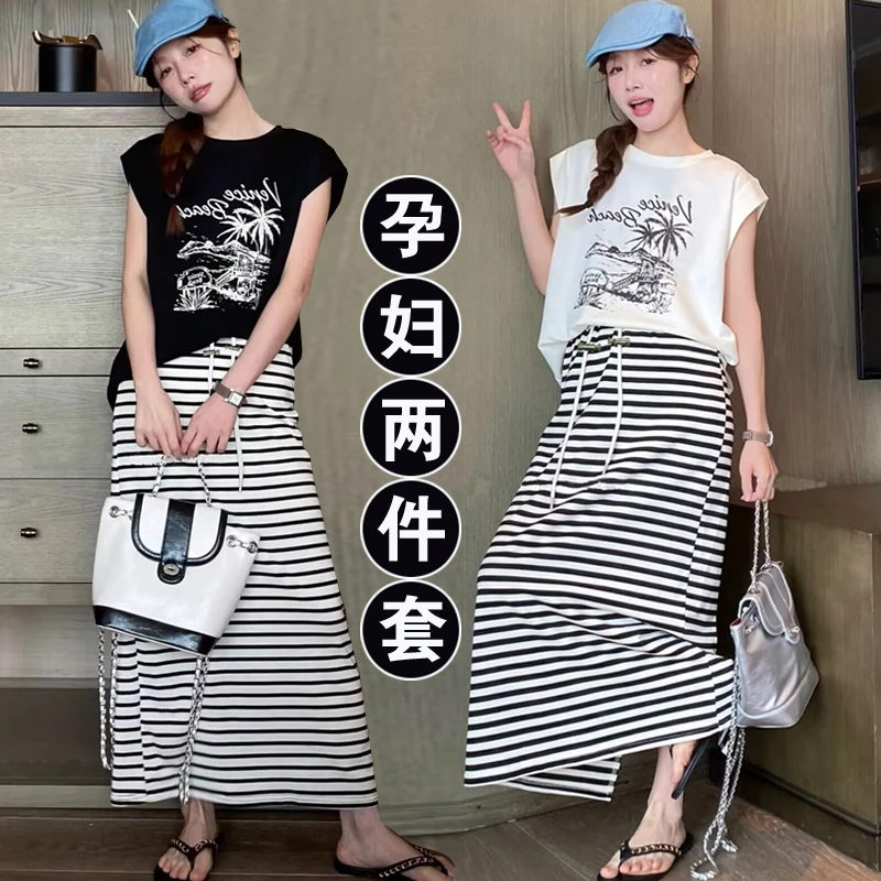 Y1822#6.4新款孕妇夏季新款韩版宽松印花无袖T恤+高腰条纹抽绳半