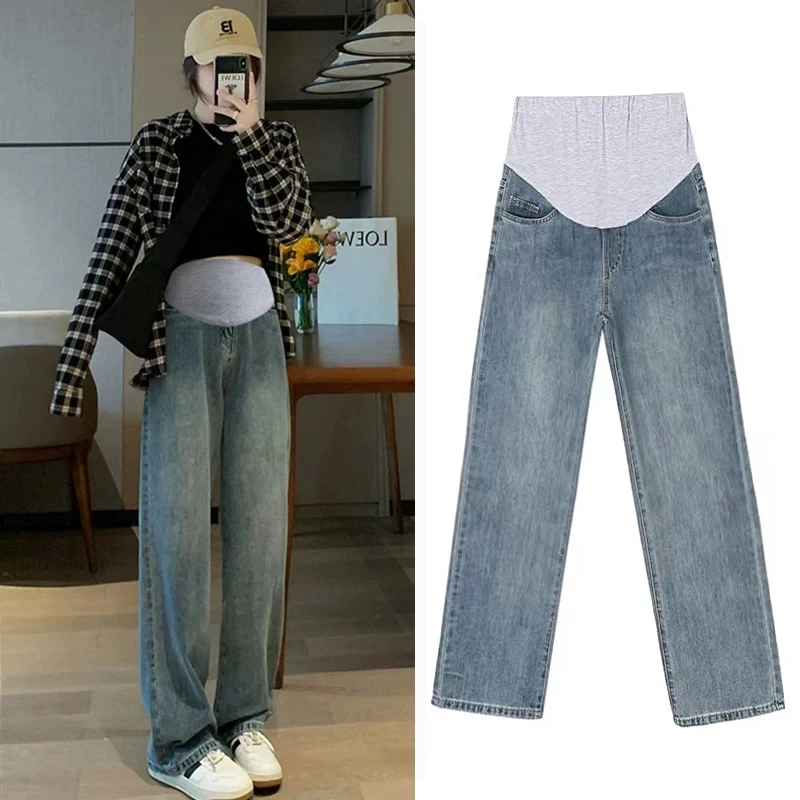 【现货升级版】C1272#夏天孕妇阔腿牛仔裤春季孕妈托腹直筒孕妇裤