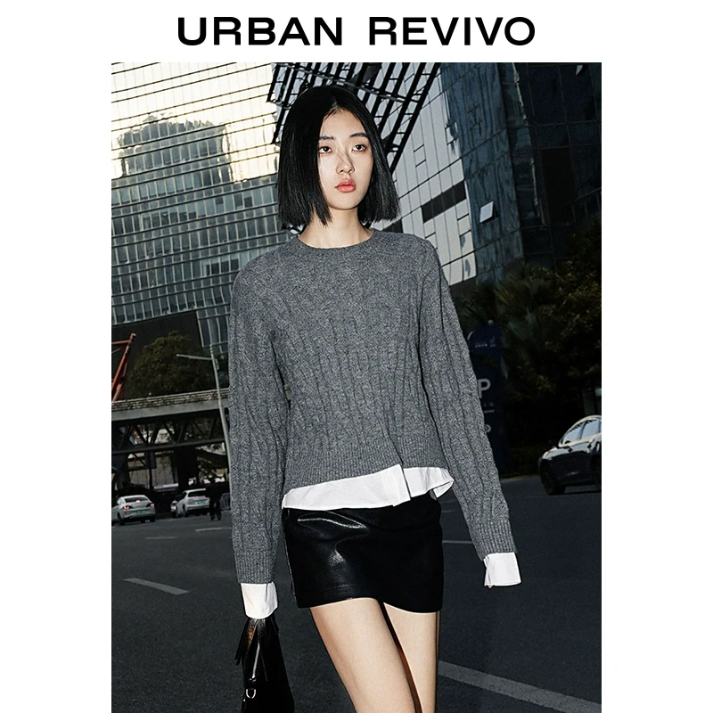 UR2025春季新款女潮流休闲假两件设计感绞花针织衫UWV940034