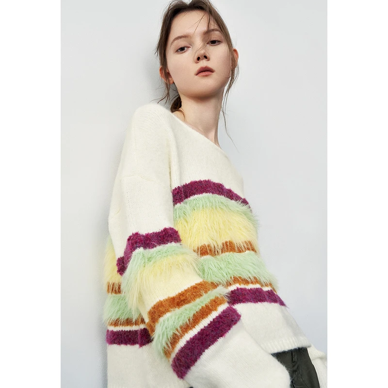 UR2023秋冬新款女装时尚慵懒氛围撞色条纹小小织针织衫UWL930095