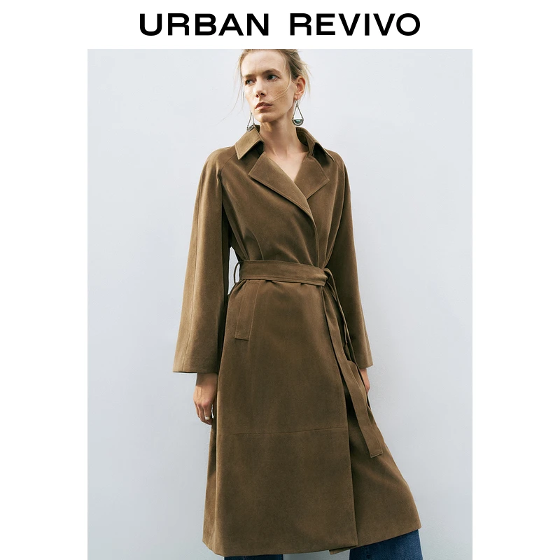 UR2024冬季新款女装复古雅丹风腰带饰长款廓形风衣UWH140056