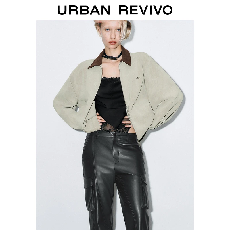 UR2024冬季新款女装美式复古拼接翻领字母宽松外套UYV140046