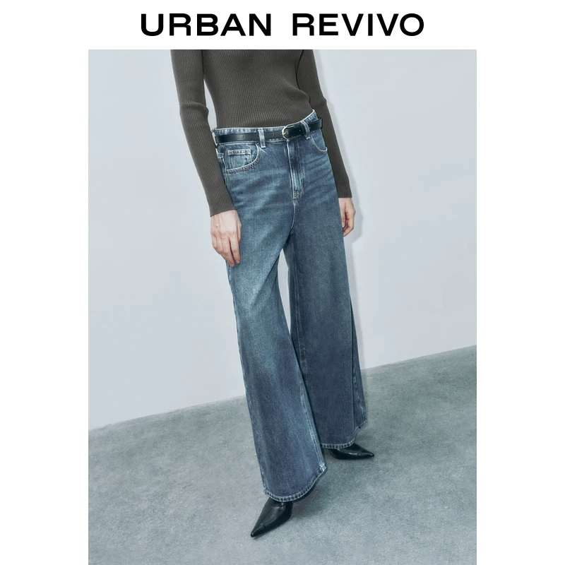 UR女装休闲复古水洗腰带牛仔长裤UWG840281