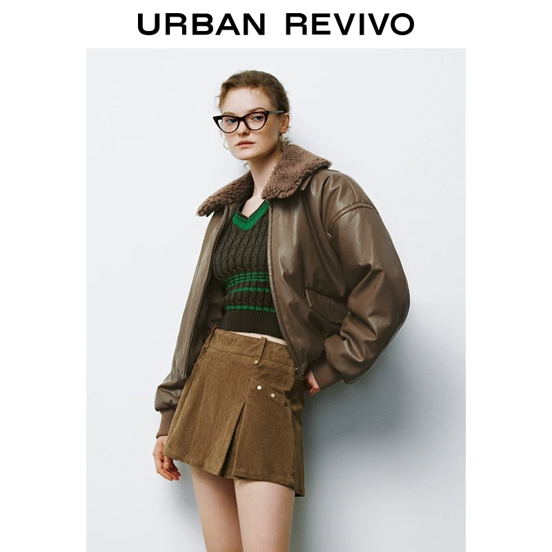 UR2024冬季新款女装复古雅丹风羊羔毛领拉链棉服UYL140018