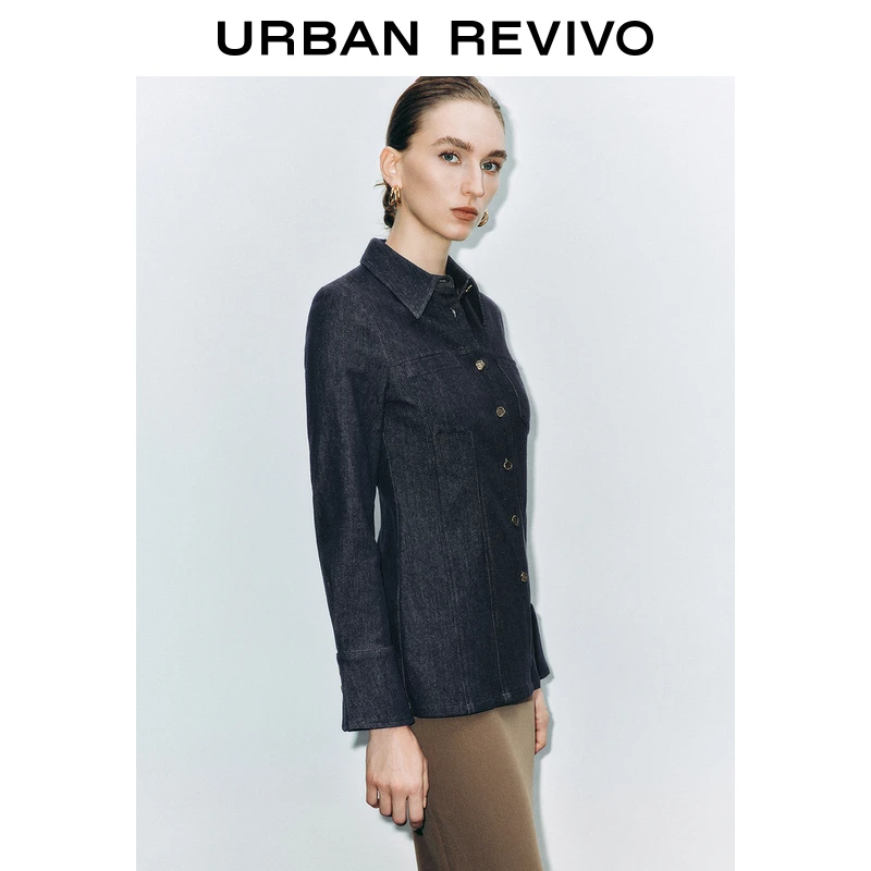 UR女装法式复古金属纽扣长袖牛仔衬衫UWG840288