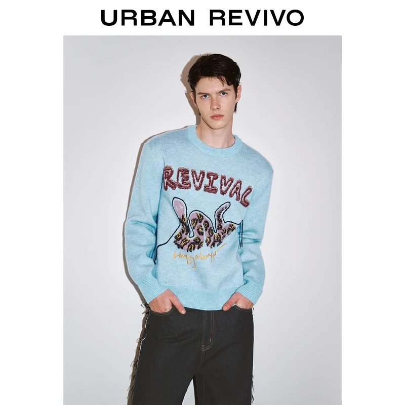 UR2024冬季新款男装潮流创意氛围感图案圆领针织衫UMV940056