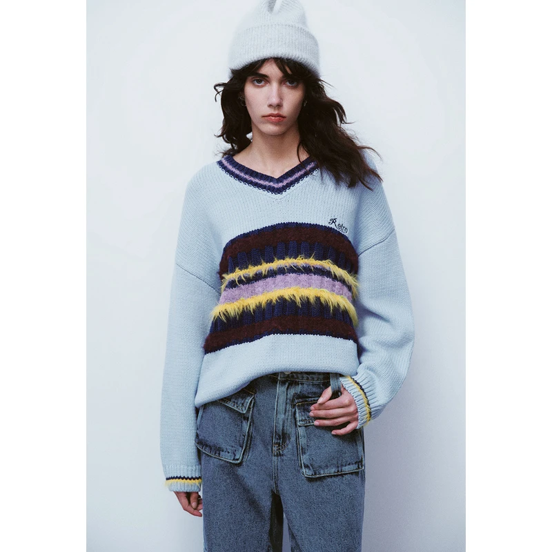 UR秋冬新款女装复古学院氛围撞色拼接小小织针织衫UWL930094