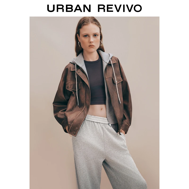 UR女装美拉德复古棕色拼接假两件连帽外套UYL140016