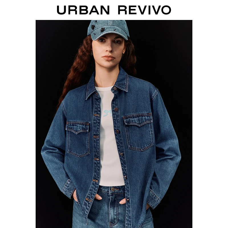 UR2024冬季新款女装复古街头风字母宽松牛仔衬衫UYU840037