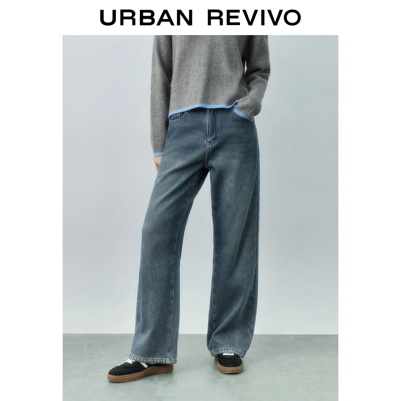 UR2024冬季新款女装洗水磨白绒底高腰阔腿牛仔长裤UYY840095