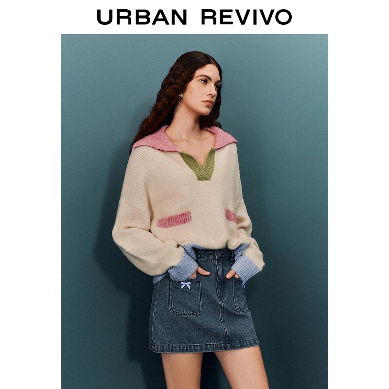UR2024秋季新款女装撞色落肩袖软糯针织衫UYU940061+