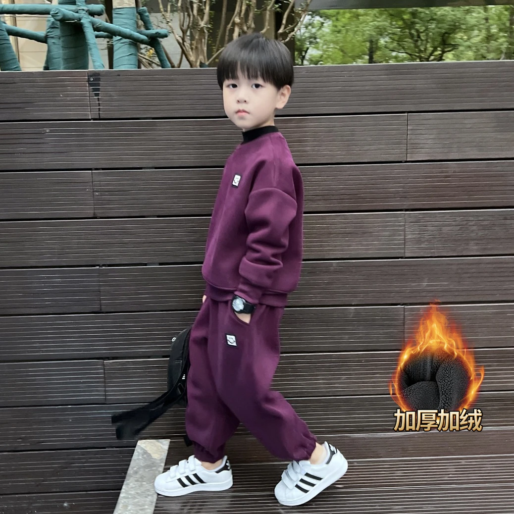 男童冬季加绒套装2024新款中小童纯色简约加厚假两件卫衣卫裤套装