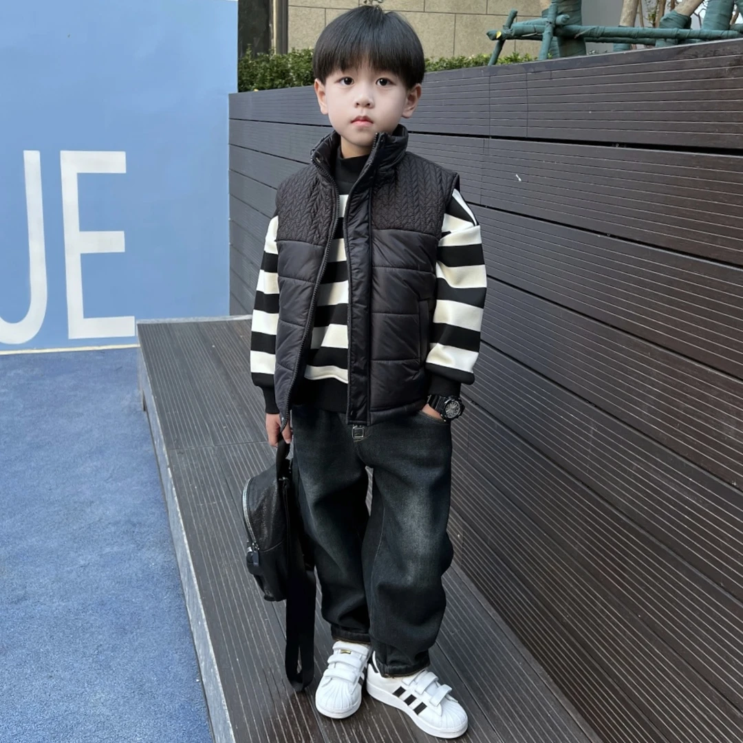 男童冬季黑色棉马甲2024新款中大童休闲百搭背心儿童保暖童装潮酷