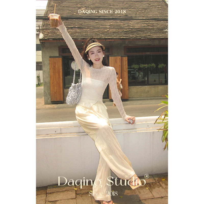 许大晴 D9293 法式慵懒高腰休闲水光感长裤