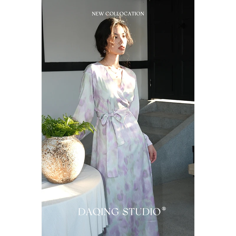 【ManLing】许大晴【莫奈】D8658 法式油画晕染V领中长款连衣裙