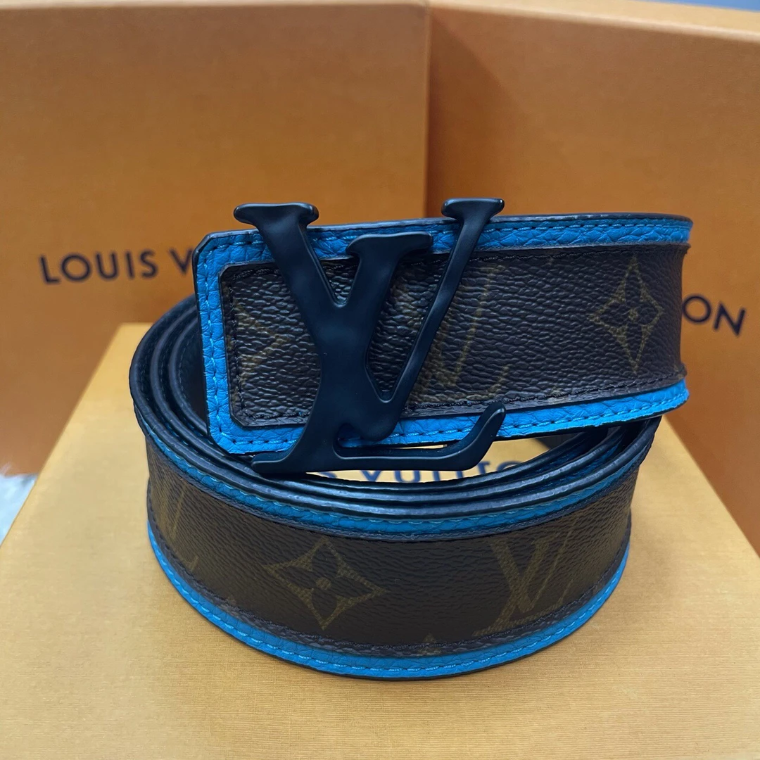 全新未使用 LouisVuitton/路易威登 磨砂黑扣老花腰带棕蓝 宽4cm