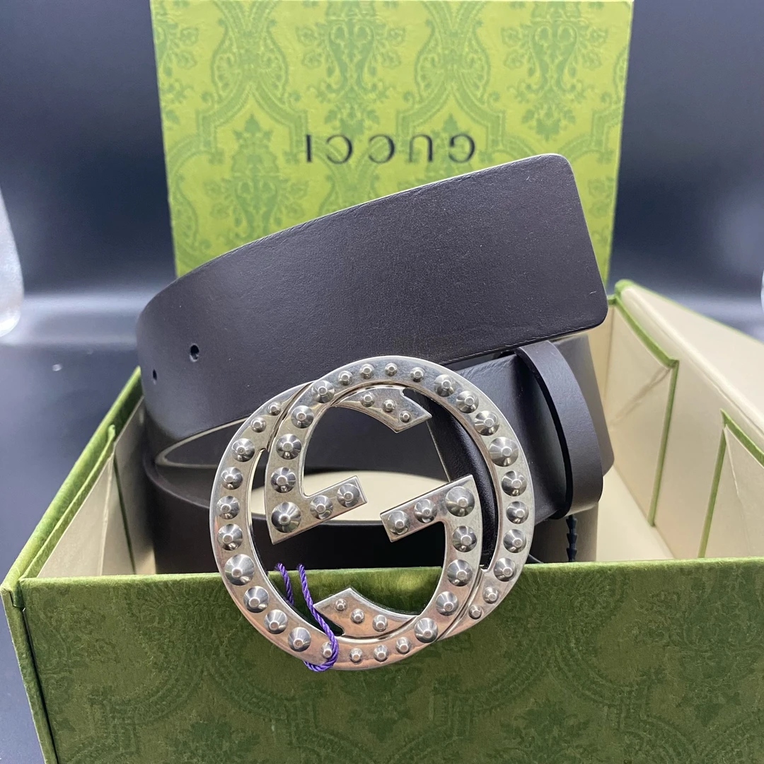 全新未使用 GUCCI/古驰 做旧银 双G铆钉扣 深咖 宽4cm