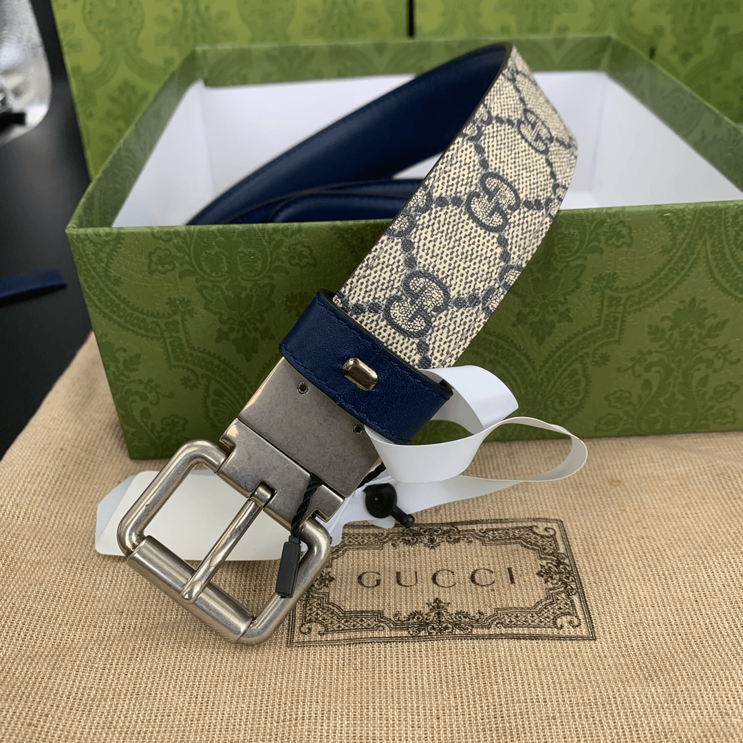 99新 GUCCI/古驰 99新 满印老花腰带 卡其色/蓝色 3.5cm