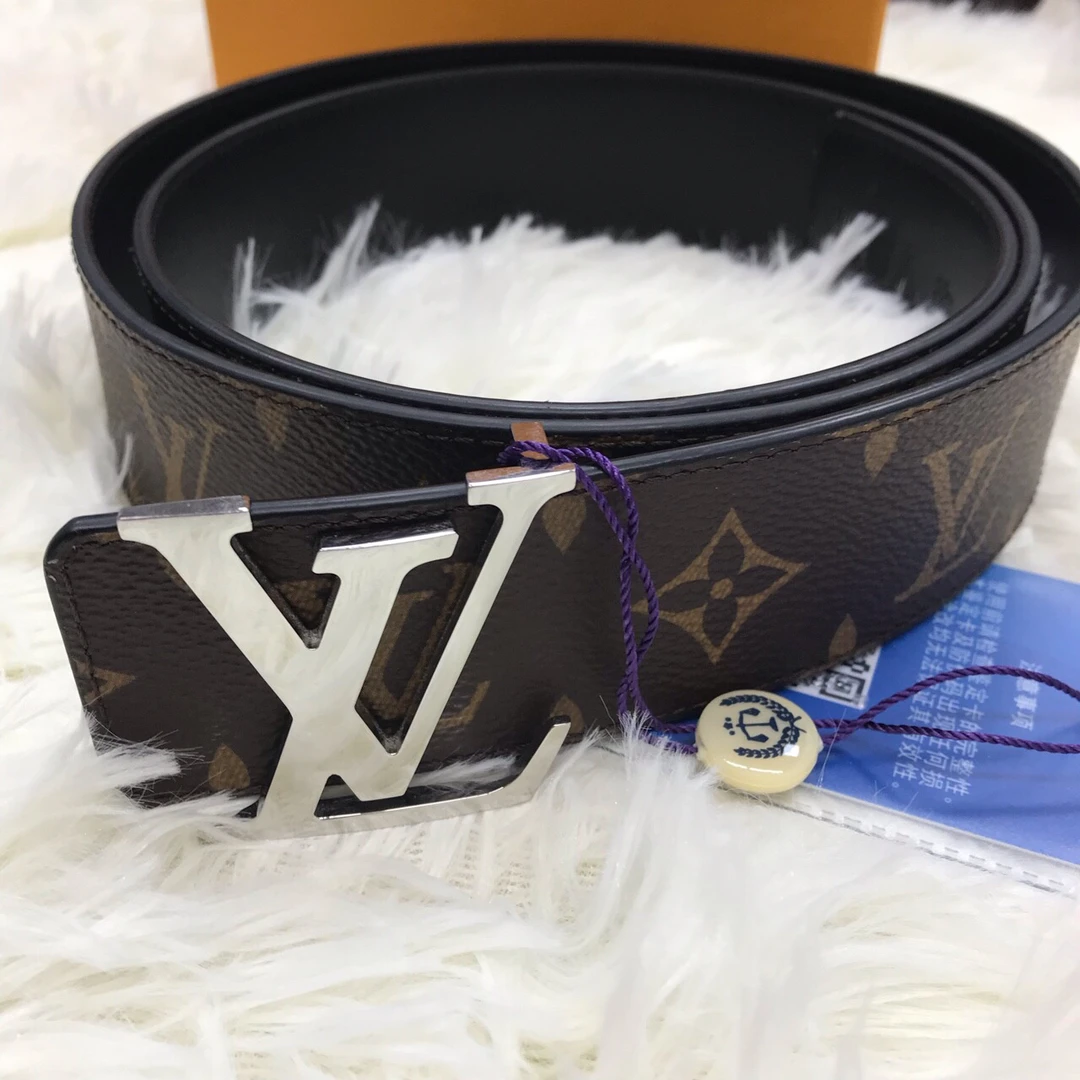 95新 LouisVuitton/路易威登 亮银扣老花腰带90.100*2码棕黑宽4cm