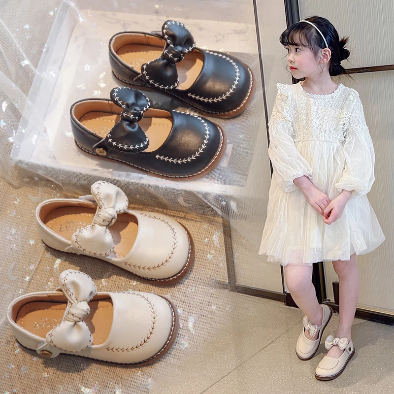 回力特儿童纯色复古小皮鞋2023年春夏季新款小中大童可爱女童蝴蝶